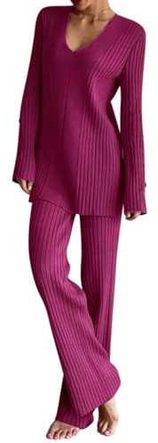 Onsoyours Set Tuta Donna In Maglia Calda Maniche Lunghe Completo Maglia con Scollo a V e ​Pantalone Completo Tuta Autunno Invernale Comode Maglioni Tute Donna Complete A Fucsia M
