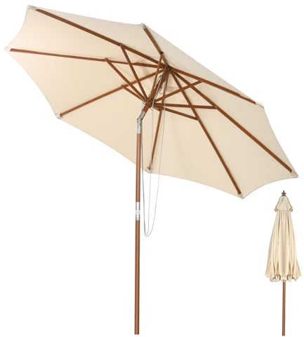 COSTWAY 2.7M/3M Wooden Patio Parasol, Outdoor Rope Pulley Operated Sun Shade Umbrella with 8 Ribs, Air Vent & Tilt Adjustment, Waterproof Market Table Parasol for Garden Beach Poolside (271 x 253 cm)