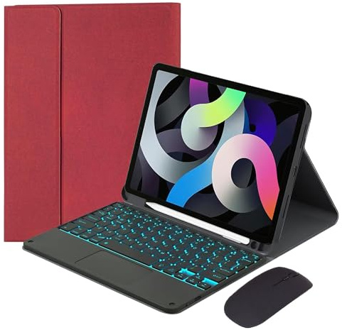 EHLCYS Tastaturhülle für iPad Pro 12,9 Zoll 2017/2015 (Alte 2 Generation & 1 Generation), 7-Farbige Hintergrundbeleuchtete Abnehmbare Kabellose Touchpad-Tastatur, Ultradünne PU Lederhülle,Rot