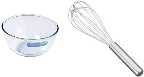 Pyrex Glass Bowl 3.0L, Pack of 1 & Metaltex 25 cm Stainless Steel Heavy Duty 8 Wire Whisk, Silver
