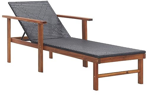 Rantry Sonnenliege, Polyrattan und massives Akazienholz, schwarz, Liegestuhl, Chaiselongue-Sessel, Outdoor, Garten, Sonnenliegen für Strand, Terrasse, Pool und Camping