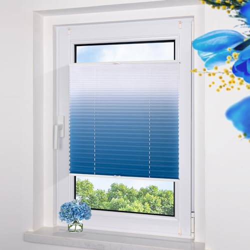 Grandekor Plissee ohne Bohren Farbverlauf Blau-Weiß 100x130cm, Plissees Klemmfix Sichtschutz und Sonnenschutz Blickdicht Faltrollo Lichtdurchlässig Rollos für Fenster ohne Bohren
