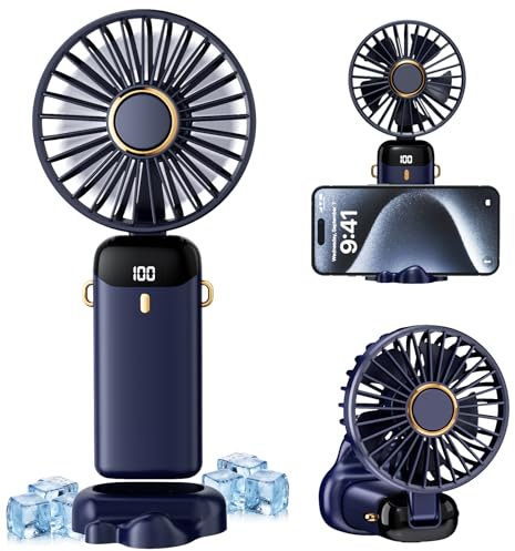 LTLIUU Ventilateur manuel portable, affichage numérique, 5 vitesses, réglable à 90°, mini ventilateur rechargeable pour l'intérieur et l'extérieur, bleu