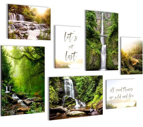 Novart Bilder Wald Wasserfall - KOMPLETT AUFHÄNGFERTIG - Grün Wohnzimmer Schlafzimmer Flur - 7 Moderne Mood-Bilder - N033972a