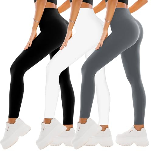 SINOPHANT 3 Pack Leggings for Women - High Waisted Buttery Soft Yoga Pants for Workout Athletic Sports, Black/Grey/White, XXL
