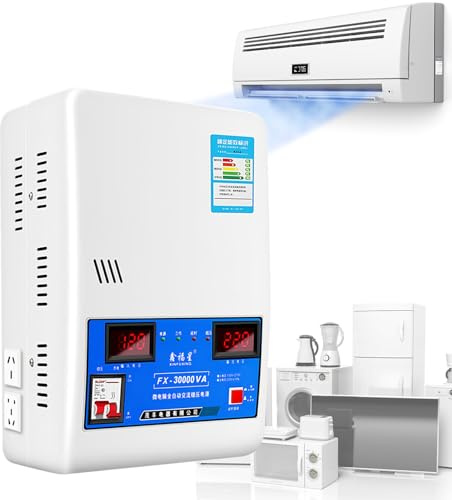 Estabilizador de Voltaje Totalmente Automático de 220 V, Transformador de Voltaje, Regulador de Voltaje de Aire Acondicionado de Cobre Puro, Pantalla Digital Doble, 2 Enchufes Universales,30000W