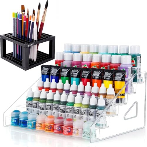 Takelablaze Organizador de pintura acrílica y soporte para brochas, estante de almacenamiento de pintura, organizador de almacenamiento de latas de pintura ligera, estante de exhibición acrílico para