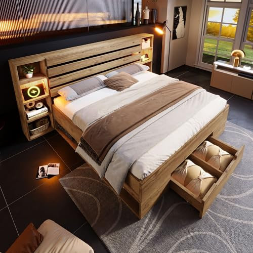 TZCIN Doppelbett 180×200 cm, Massivholzbett Bettanlage mit LED-Beleuchtung und USB C Stauraum-Kopfteil und Schubladen, Stauraumbett Funktionsbett Bettgestell mit Holz Lattenrost, Ohne Matratze, Eiche