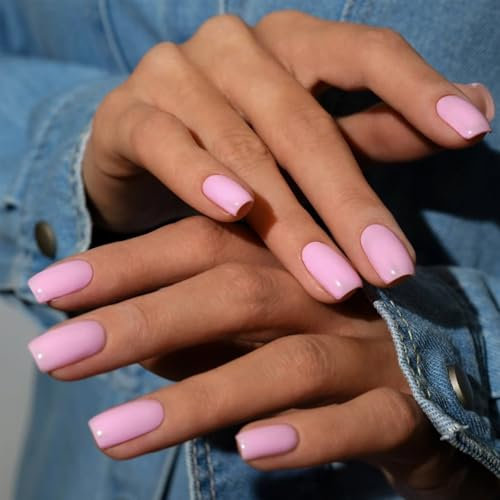 24pcs Short Square False Nails - Pink Color Stick on Nails - Press on Nails Removable Glue-on Nail Fake Nail Women Girls Nail Art Accessories