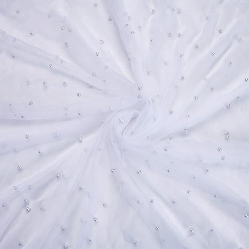 MAYJOYDIY 2.7m Weißer Perlen Tüll Spitzenstoff 150cm Perlenspitze Tischdecke Tischläufer Netz Tüll Hochzeitsstoff Tüll Dekostoff mit Perle Für Hochzeitskleid Brautschleier Kleidung Nähen DIY