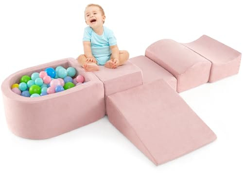 Maxmass 5Pcs Toddler Climb Age 3+ and Crawl Foam Play Set, Baby Soft Foam Blocks with Ball Pit, Kids Soft Play Equipment for Playroom Nursery (Pink)