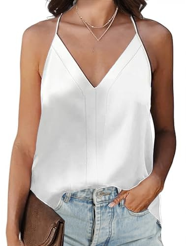 Koerye Canotta da Donna Estivo Camisole in Raso Casual Maglietta Tops Scollo a V Bluse Spalline Sottili Senza Maniche T-Shirt Bianco,L