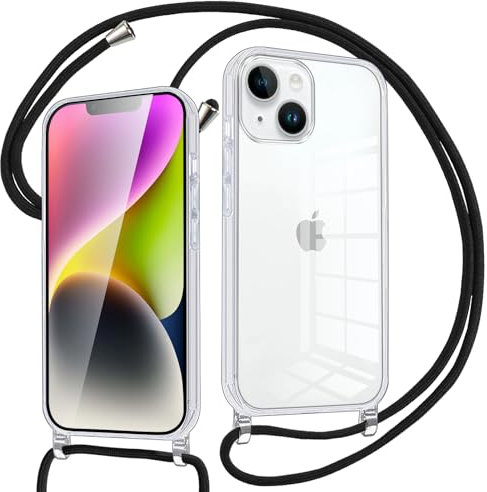 Pnakqil Funda con Cuerda para iPhone 13/iPhone 14, Carcasa Transparente Silicona Correa de Cuello Colgante Ajustable Collar Protección Case con Cordón para iPhone 14, Negro 01