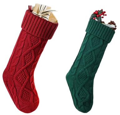 BrightGlow 2 Stück Weihnachtsstrümpfe 46cm/18in Große Größe Kabel Strick Weihnachtssocken Gestrickt Nikolausstrumpf Christmas Stockings für Familie, Urlaub, Weihnachtsfeier Rot + Grün Einheitsgröße