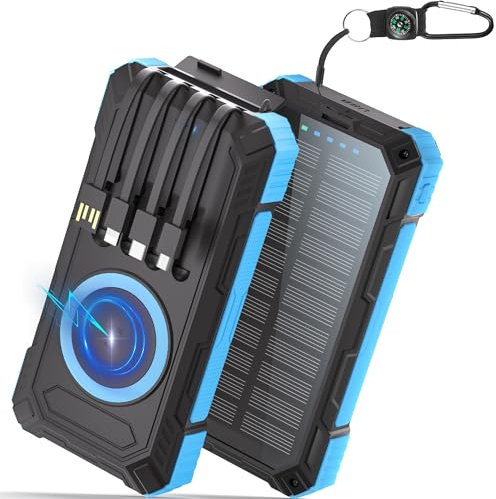 Batterie Externe Solaire 56800mAh: 30W PD 3.0A USB C Power Bank Charge Rapide avec 4 Câbles,6 Sorties/3 Entrées, 15W Chargement sans Fil, Lampe de Poche, Voyant LED, Chargeur Externe pour Téléphone
