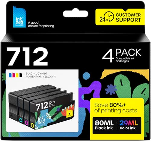 iNKPAD 712 712XL High Yield 3ED70A 3ED71A 3ED67A 3ED68A 3ED69A T650 T630 | T250 T230 T210 Pigment (KCMY) Kompatibel für HP DesignJet Studio Drucker