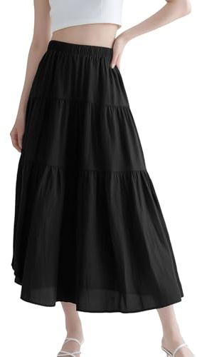Fiohiros Maxi Skirts for Women UK, Elastic High Waist Ladies Long Skirts Elegant A-Line, Vintage Summer Tiered Maxi Skirt (UK, Alpha, XL, Regular, Regular, Black)