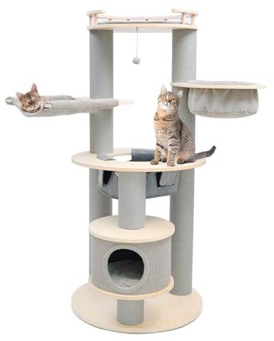 CanadianCat Company | Kratzbaum Harper, beige-anthrazit, 168cm, Stabiler Katzenbaum mit Katzenhaus & 3 Hängematten, Quadratische Basis für mehr Stabilität, 76 x 76 x 168 cm
