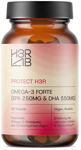 H3R LAB Omega-3 Forte – vegane Kapseln mit Algenöl (DHA 550 mg & EPA 250 mg) | omega 3 algenöl · dha epa · dha epa aus algen (60 Kapseln)