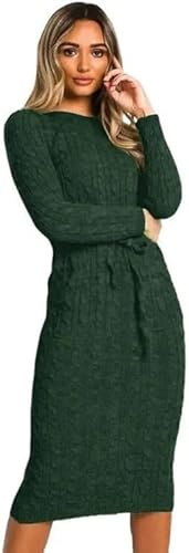 BESTITALIANUK Women’s Winter Warm Cable Knit Jumper Dress Ladies Pocket Rop Tie up Long Midi Party Dress Top Girls Casual Knitted Pockets Midi