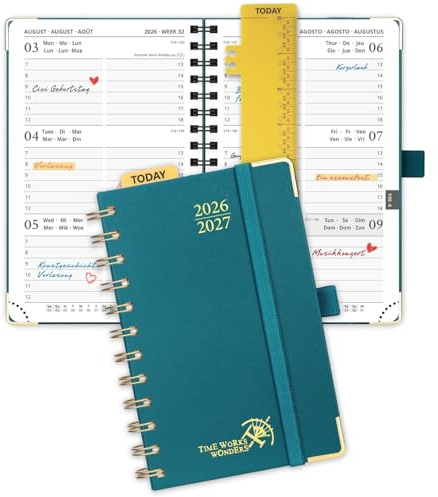 POPRUN Taschenkalender 2026 2027 Spiralbuch mit Hardcover ca.A6(10x15,6cm) | 17-Monate-Terminplaner,(Aug.2026-Dez.2027),Kalender 2026 2027,Wochenplaner mit Vergoldete Schutzecken(Pazifikgrün)