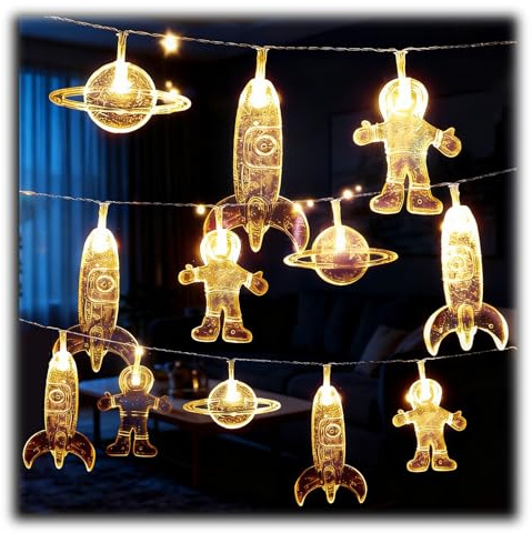 3 Meter 20 Lichterkette Astronaut Raumschiff Rakete Led Simulation Lichterketten Weltraum-Mars-Thema String Lights Gefälschte Lichter Deko für Festival Party Garten Terrasse Schlafzimmer (Warme)