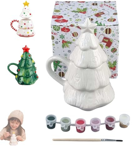 DIY Coloring Christmas Tree Mug Painting Kit, Paint Your Own Ceramic Christmas Tree Mug, Mugs Include 1 Cup, 6 Color Paints, 1 Brush, Xmas for Adults, Kids and Girls Night (1PC)
