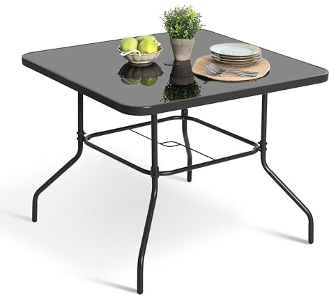 Avestar 80 cm quadratischer Gartentisch, Esstisch mit Schirmloch, Tischplatte aus gehärtetem Glas, Terrassentisch für Balkon, Garten, Poolbereich, Schwarz