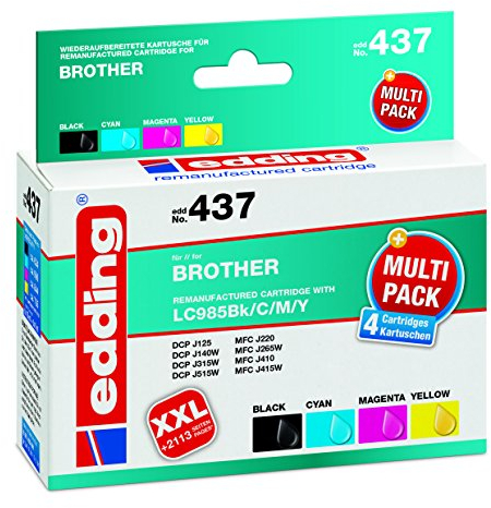edding Druckerpatrone EDD-437 - Multipack 4 - Schwarz, Cyan, Magenta, Gelb - 1x 15 ml + 3x 9 ml - Reichweite 1x 620 3x 840 Seiten - Ersetzt Brother LC985BK/C/M/Y