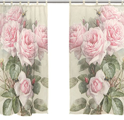 jstel 2 Pcs Voile Fenster Vorhang, Vintage Shabby Chic Pink Rose Floral, Tüll Sheer Vorhang Tuch Querbehang 139,7 x 198,1 cm Zwei scheibenelementen Set