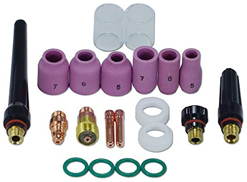 RIVERWELD WIG Kurz Gaslinsen-Spanngestellkörper 17CB20 17GL116 10N23S 1,6 mm Glaskannen, Klarer Quarz Düse #10 16,0 mm Keramikkannen 53N 13N Serie für SR WP 17 18 26 TIG-Schweißbrenner 21 Stück