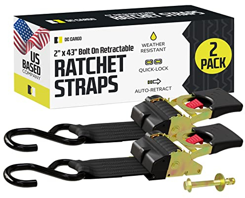 Quick n Easy AutoRetract Strap Cargo Tie Downs | Retractable 2 x 43 Bolt-on Ratchet Straps w/S Hook for Trailers & Pickups