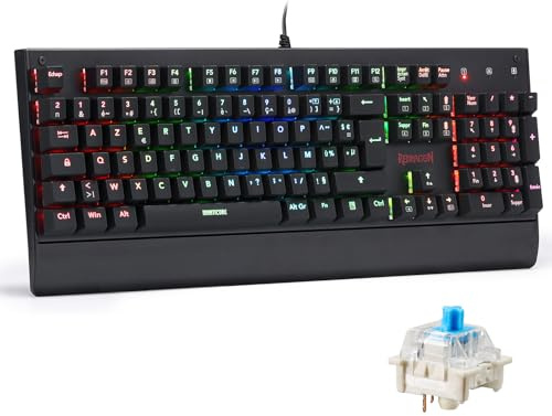 Redragon K557 RGB Clavier De Jeu Mécanique Rétroéclairé, Modes De Rétroéclairage Réglables, Commutateurs Bleus, Base en Aluminium, 100% Anti-Ghosting, pour Pc, Azerty FR, Noir