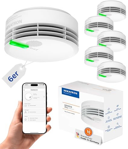 Hekatron Genius Plus – Rauchmelder 10 Jahre Batterie – Testsieger Stiftung Warentest – made in Germany – inkl. 6x Klebepad – App-unterstützt – Feuermelder – mehrsprachig – 6 Stück