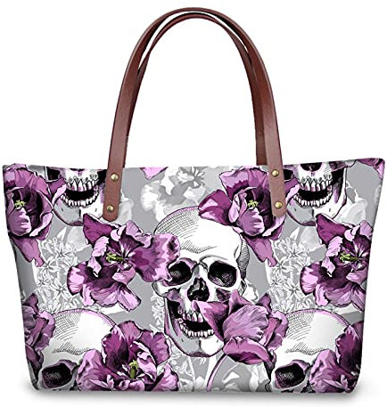 Belidome Damen-Handtasche mit Tragegriff und robustem Reißverschluss, große Tasche für Einkaufen und Reisen, Totenkopf, rosa Blumen, Einheitsgröße