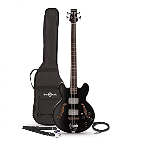 Gear4music SF Semi-Akustik-Bassgitarre mit Gigbag & Kabel | Doppelter Cutaway-Semi-Hollow-Korpus im Vintage-Stil, trapezförmiger Steg mit zwei Single-Coil-P90s