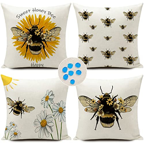 HUASHUZI Cushion Covers Outdoor Waterproof Bee Gifts for Women Garden Cushions Furniture Decorations Summer Set of 4 18x18 inch 45x45cm Throw Pillow Case Home Decor for Sofa Bench Couch