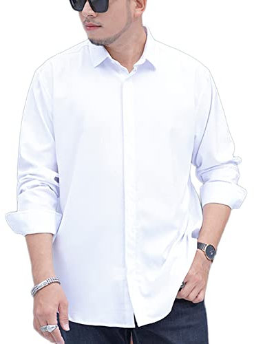 DAIHAN Chemise Homme Grande Taille à Manches Longues Décontractée Chemise de Couleur Unie à Boutonnage Simple Chemise Décontractée Haut Shirt,Blanche,6XL