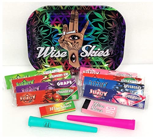 Wise Skies Funky Rolling Tray Set Juicy Jay Rolling Papers Bundle Doob Tubes Rolling Tips, Rainbow