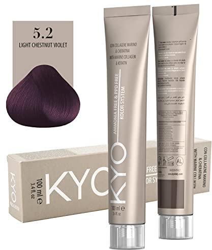 Colore per capelli 100ml + ossigeno 150 ml by kyo, AMMONIA FREE E PPD FREE con collagene Marino e cheratina (5.2 Castano Chiaro Viola)
