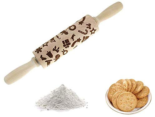 HEZHU HEZHU Weihnachten Teigroller Präge Nudelholz Graviert 3D Nudelholz Muster PräGerolle Holz PräGung Teigausroller für Weihnachten DIY Küche Lebkuchen Plätzchen (Gift-35cm)