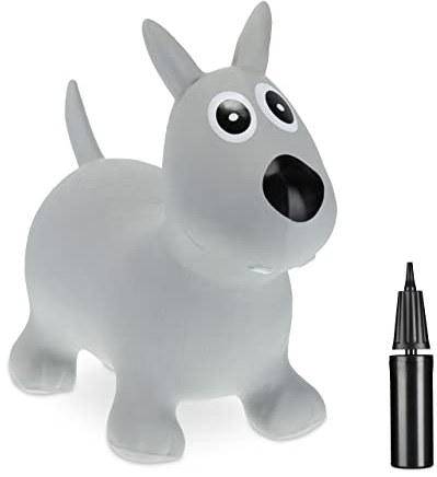 Relaxdays Hüpftier Hund, inklusive Luftpumpe, Hopser, bis 50 kg, BPA frei, Hüpfspielzeug, für Kinder, Sprungtier, grau