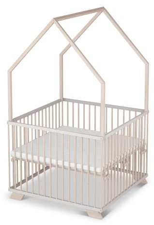 Sämann Laufgitter EXCLUSIVE 100x100 cm mit Matratze - Hausbett & Babybett - stufenlos höhenverstellbar Laufstall Baby Buche weiß/natur