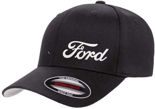 Ford Motor Co Script Logo New Side Panel Fully Embroidered Flexfit 6277 Athletic Baseball Fitted Hat Cap, Schwarz, 6 3/4-7 1/8