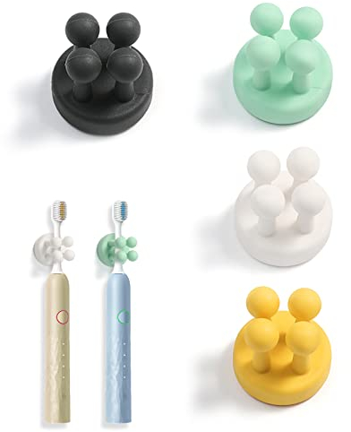 Csuntikulo 4 Soportes de Silicona para cepillos de Dientes,Soporte Cepillo Dientes de Baño Sin Taladro, Soporte de Afeitar para Ducha Sin Clavos Sin Marcas,Soporte multifunción