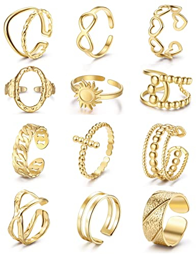 Adramata 12 Stücke Silber Offene Ringe Set Edelstahlring Einstellbarer Retro-Vintage-Ring Stapelbarer Phalangenring Offenes Set Silber/Gold Mädchenring,G