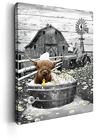 Kasluolo Highland Cow Badezimmer Dekor Wandkunst Schwarz und Weiß Kuh Bauernhaus Bilder Rustikale Kuh in Badewanne Bauernhaus Badezimmer Malerei Wanddekoration für Badezimmer Gerahmtes Kunstwerk 30,5