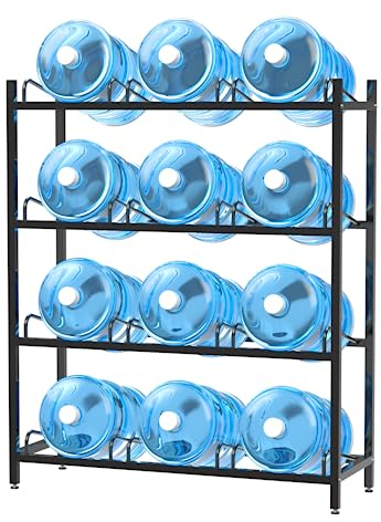 12-Tray Water Jug Rack, Storage 5 Gallon Water Cooler Bottle Holder Stand, 4-Tier Heavy Duty Carbon Steel 5 Gal Water Bottle Organizer for Home, Office, Kitchen, Warehouse, Black