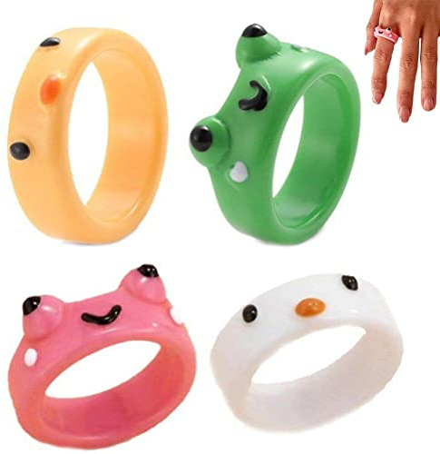 Wudaizhi 4pcs Süßes Lächeln Frosch Ringe Lustige Persönlichkeit Cartoon Tierhuhn Frosch Ringschmuck Für Frauen Mädchen