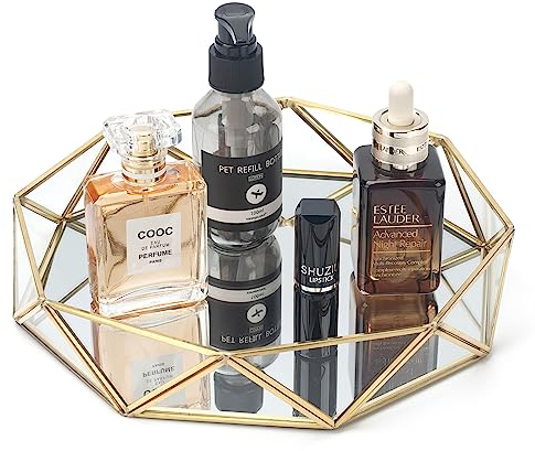 Plateau Miroir en Verre, Plateau Doré, Plateau de Maquillage, Plateau de Parfum, Organisateur de Cosmétiques, Plateau Décoratif de Salle de Bain